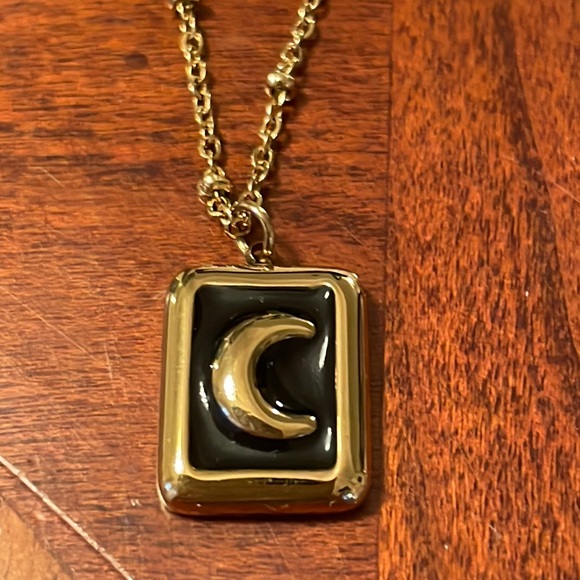 Gold Tone Moon 🌙 Black Enamel Pendant Necklace - Picture 2 of 9